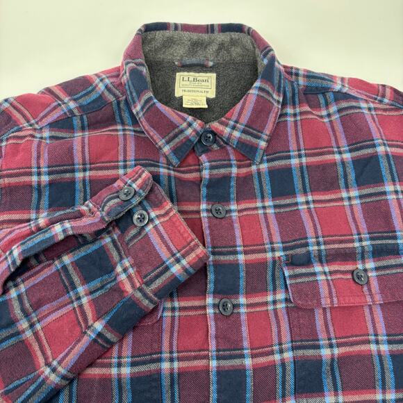L.L. Bean Medium Red Blue Fleece Lined Thick Long Sleeve Button Up Shacket - Picture 1 of 5